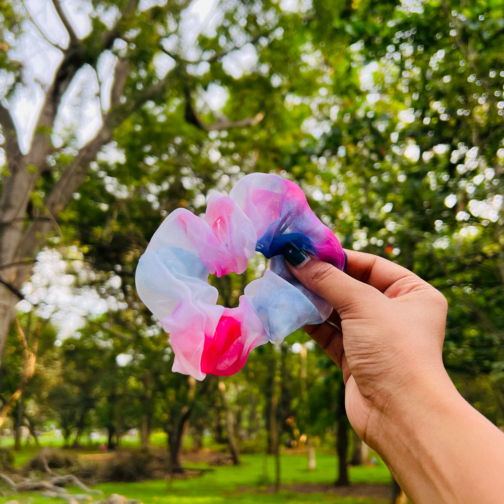 Blue Pink Tie Dye Organza Scunchie